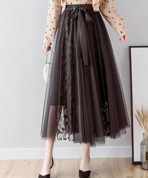 Primazel（プリマゼル）の「リボン付レース切り替えチュールスカート（スカート・レディース・ブラック/ベージュ/グレー・M）」の6枚目の写真