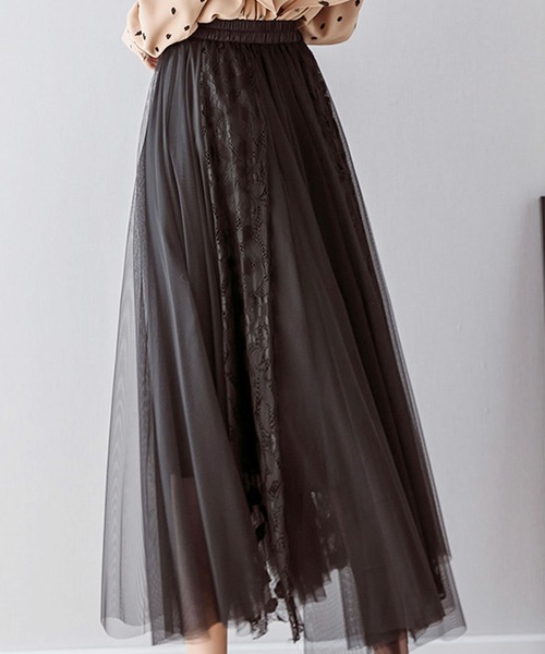 Primazel（プリマゼル）の「リボン付レース切り替えチュールスカート（スカート・レディース・ブラック/ベージュ/グレー・M）」の7枚目の写真