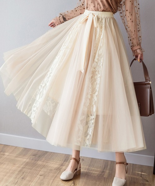 Primazel（プリマゼル）の「リボン付レース切り替えチュールスカート（スカート・レディース・ブラック/ベージュ/グレー・M）」の8枚目の写真