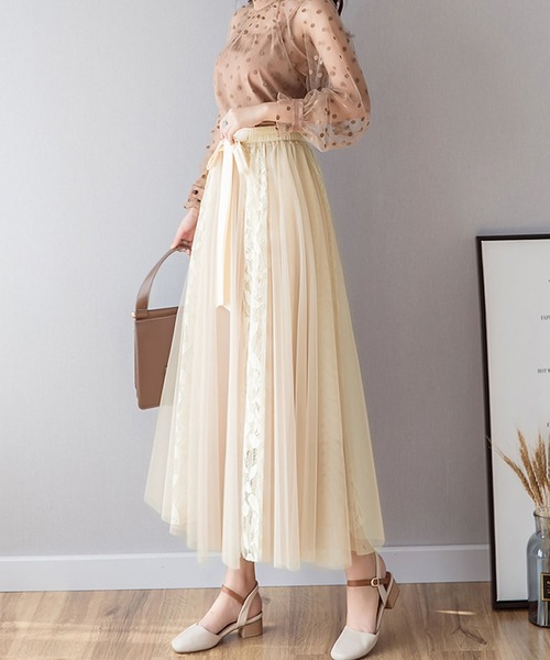 Primazel（プリマゼル）の「リボン付レース切り替えチュールスカート（スカート・レディース・ブラック/ベージュ/グレー・M）」の9枚目の写真