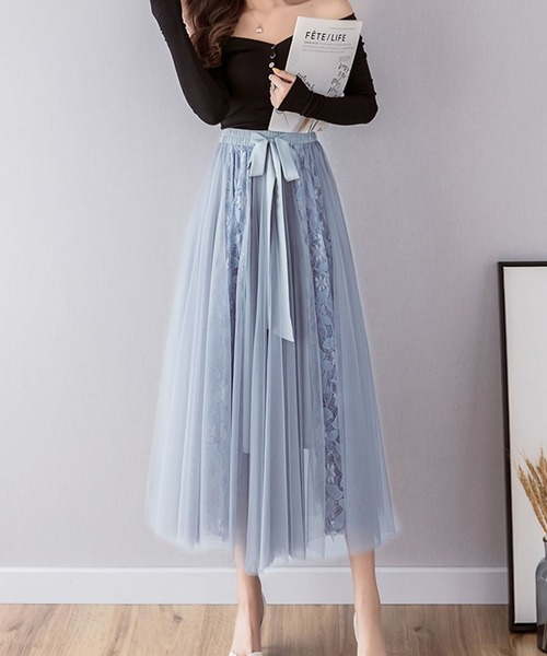 Primazel（プリマゼル）の「リボン付レース切り替えチュールスカート（スカート・レディース・ブラック/ベージュ/グレー・M）」の10枚目の写真