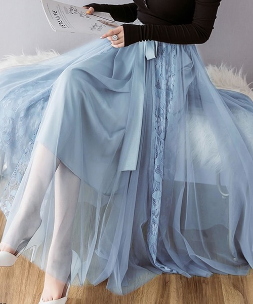 Primazel（プリマゼル）の「リボン付レース切り替えチュールスカート（スカート・レディース・ブラック/ベージュ/グレー・M）」の15枚目の写真