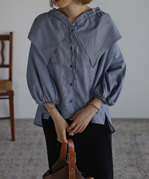 Bonjour Sagan（ボンジュールサガン）の「フリルカラーブラウス（シャツ/ブラウス・レディース・ライトブルー/ネイビー/ブルー・FREE）」の5枚目の写真