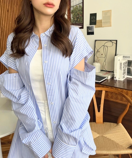 綿100 先染めストライプ T Cブロード無地 2wayショルダースリットシャツ Www Upandalive Com