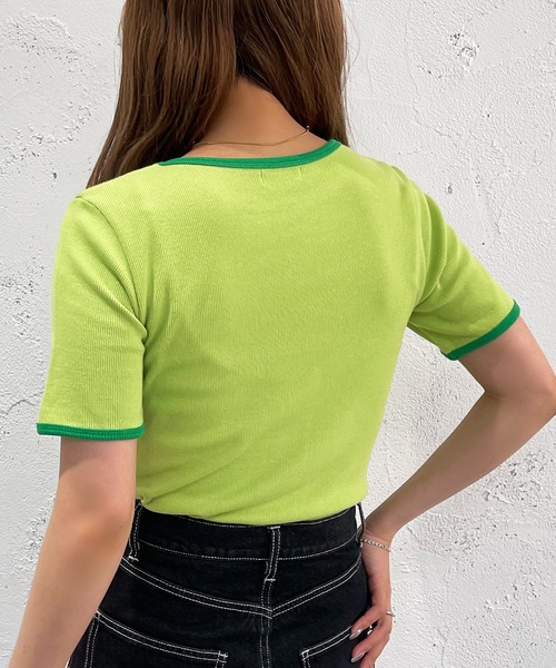 apres jour mignon（アプレジュールミニョン）の「カラーリンガーT【ZOZOTOWN限定アイテム】（Tシャツ/カットソー・レディース・グリーン/ピンク/オレンジ・X-LARGE/フリー）」の4枚目の写真
