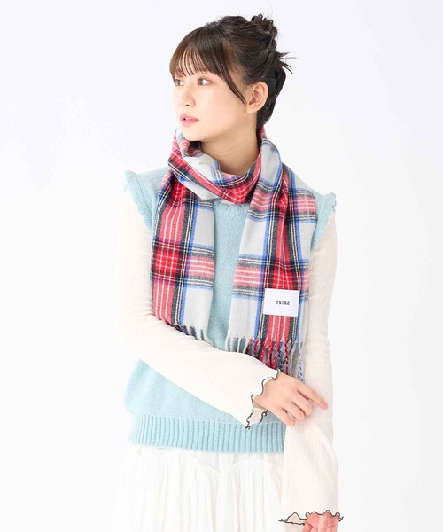 estaa(エスタ)の「とろーりマフラー ”カジュアルチェック”(マフラー・レディース・オフホワイト/サックスブルー/キャメル/ダークブルー/ネイビー×ホワイト/アイボリー/ブラウン/ブラック×ホワイト/ライトオレンジ系/ネイビー/ピンク/グレー×サックスブルー/オートミール/サンドベージュ/ミント/ライトグレー/グレー/インディゴブルー/ベージュ・FREE)」の7枚目の写真