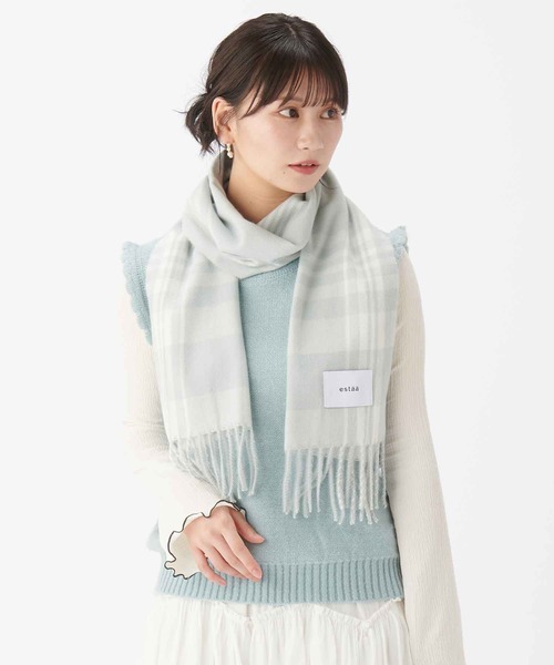 estaa(エスタ)の「とろーりマフラー ”カジュアルチェック”(マフラー・レディース・オフホワイト/サックスブルー/キャメル/ダークブルー/ネイビー×ホワイト/アイボリー/ブラウン/ブラック×ホワイト/ライトオレンジ系/ネイビー/ピンク/グレー×サックスブルー/オートミール/サンドベージュ/ミント/ライトグレー/グレー/インディゴブルー/ベージュ・FREE)」の6枚目の写真