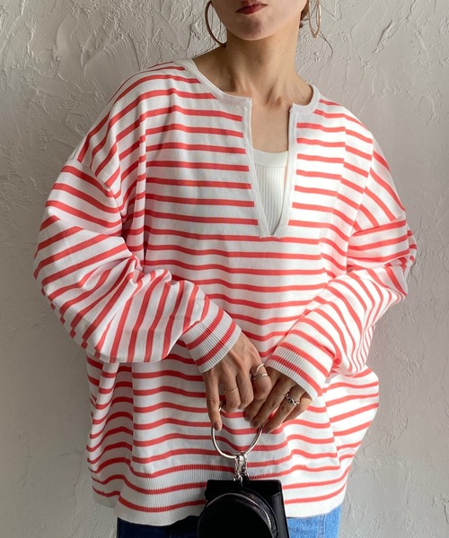 She's Closet(シーズクローゼット)の「ビッグシルエット深Vネックボーダー長袖プルオーバースポンディッシュニット(ニット/セーター・レディース・オフホワイト/ピンク/グリーン・FREE)」の1枚目の写真