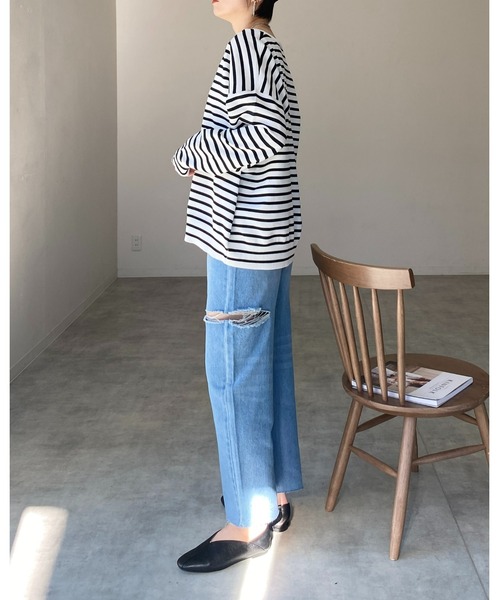 She's Closet(シーズクローゼット)の「ビッグシルエット深Vネックボーダー長袖プルオーバースポンディッシュニット(ニット/セーター・レディース・オフホワイト/ピンク/グリーン・FREE)」の21枚目の写真