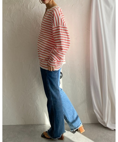 She's Closet(シーズクローゼット)の「ビッグシルエット深Vネックボーダー長袖プルオーバースポンディッシュニット(ニット/セーター・レディース・オフホワイト/ピンク/グリーン・FREE)」の16枚目の写真