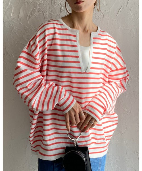 She's Closet(シーズクローゼット)の「ビッグシルエット深Vネックボーダー長袖プルオーバースポンディッシュニット(ニット/セーター・レディース・オフホワイト/ピンク/グリーン・FREE)」の10枚目の写真