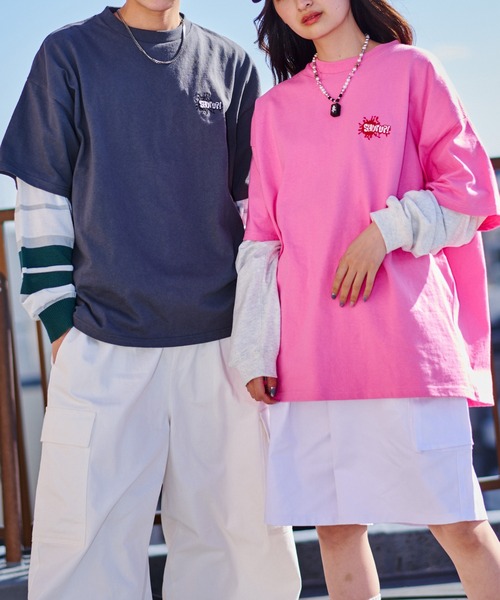 SPINNS（スピンズ）の「【ビッグシルエット】SHUT UPワンポイントロゴ Tシャツ（Tシャツ/カットソー・メンズ・ピンク系その他/カーキ/ホワイト/スミクロ/アッシュグレー・ONESIZE）」の5枚目の写真