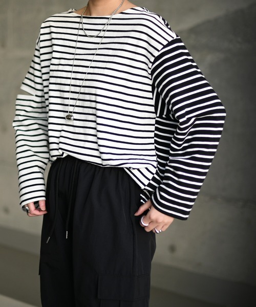 Marient（マリエント）の「配色ボーダースリットTEE（Tシャツ/カットソー・レディース・ブラック/ブルー・FREE）」の3枚目の写真