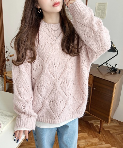 momo ニット3枚セット セール】ハート柄透かし編みモヘアニットプルオーバー（ニット