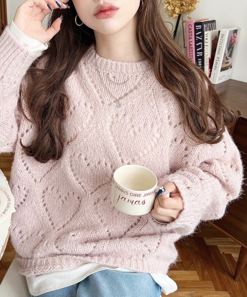 セール】ハート柄透かし編みモヘアニットプルオーバー（ニット