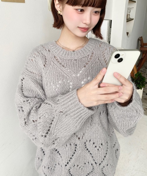 みちこさま専用【グレー】フラジールモヘアニットプルオーバー knit-02284 透かし編み モヘア ニット プルオーバー エクリュ