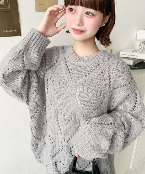 セール】ハート柄透かし編みモヘアニットプルオーバー（ニット