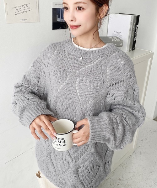セール】ハート柄透かし編みモヘアニットプルオーバー（ニット