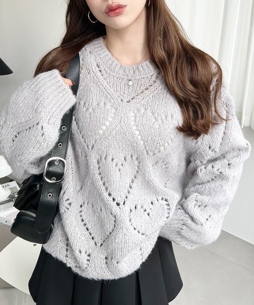 セール】ハート柄透かし編みモヘアニットプルオーバー（ニット