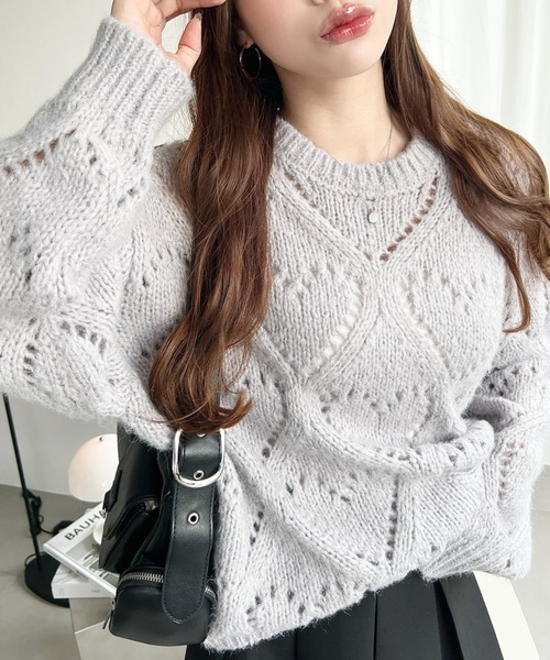 セール】ハート柄透かし編みモヘアニットプルオーバー（ニット