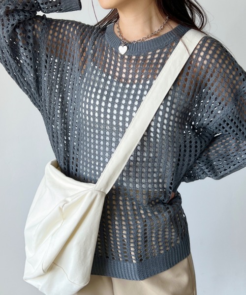 CLEA（クレア）の「かぎ編みグランジオーバーサイズニット（ニット/セーター・レディース・ホワイト/カーキ/ブラック/グレー・FREE）」の13枚目の写真