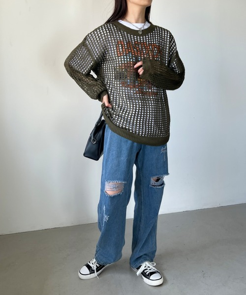 CLEA（クレア）の「かぎ編みグランジオーバーサイズニット（ニット/セーター・レディース・ホワイト/カーキ/ブラック/グレー・FREE）」の18枚目の写真