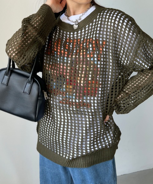 CLEA（クレア）の「かぎ編みグランジオーバーサイズニット（ニット/セーター・レディース・ホワイト/カーキ/ブラック/グレー・FREE）」の10枚目の写真