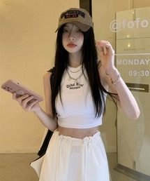 ABETTOR SELECT 韓国ファッション　テレコ刺繍「WIDAL NEST」ロゴクロップド丈タンクトップ