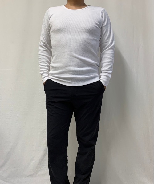 VIBGYOR(ヴィブジョー)の「ワッフル 長袖 袖口リブ クルーネック(Tシャツ/カットソー・メンズ・ブラック/ライトピンク/杢グレー/ネイビー/ホワイト・MEDIUM/LARGE)」の2枚目の写真