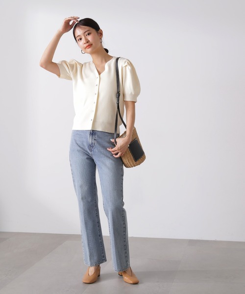 N.（N. Natural Beauty Basic）（エヌエヌナチュラルビューティーベーシック）の「◆タックショルダーキーネックニット（カーディガン/ボレロ・レディース・オフホワイト/スミクロ/オレンジ・MEDIUM）」の7枚目の写真