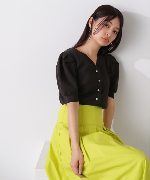 N.（N. Natural Beauty Basic）（エヌエヌナチュラルビューティーベーシック）の「◆タックショルダーキーネックニット（カーディガン/ボレロ・レディース・オフホワイト/スミクロ/オレンジ・MEDIUM）」の14枚目の写真