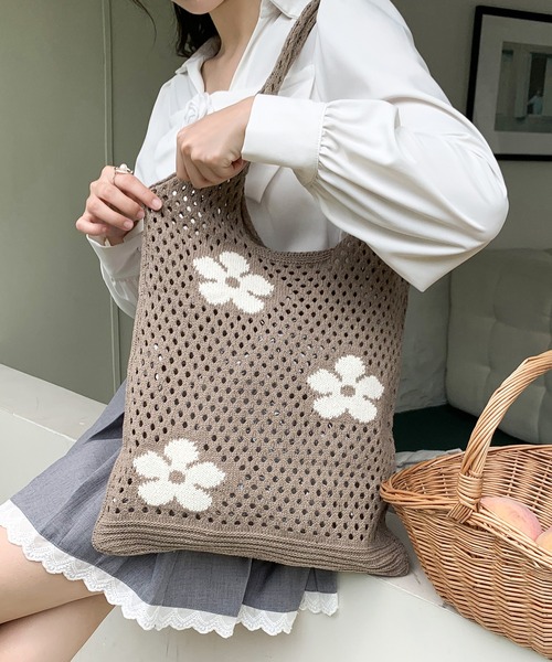 SHEPP(シープ)の「フラワーメッシュニットバッグ エコバッグ(エコバッグ/サブバッグ・レディース・ベージュ/グリーン/パープル/オレンジ・F)」の3枚目の写真