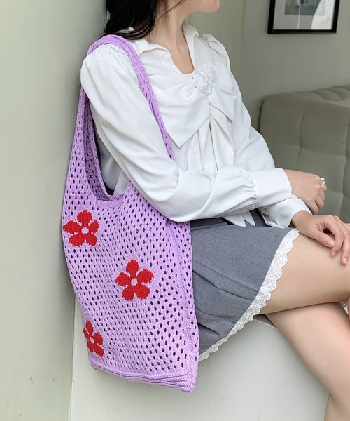 SHEPP(シープ)の「フラワーメッシュニットバッグ エコバッグ(エコバッグ/サブバッグ・レディース・ベージュ/グリーン/パープル/オレンジ・F)」の1枚目の写真