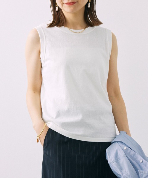 BABYLONE（バビロン）の「コットンリネンスラブノースリカットソー（タンクトップ・レディース・オフホワイト/ピンク/チャコール・フリー）」の4枚目の写真