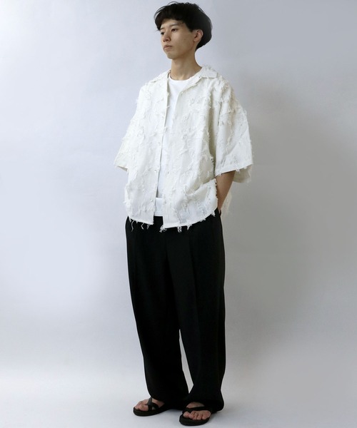 venit 花柄 半袖シャツ ワイシャツ 花柄 草木、ボタニカル ホワイト ジャカード LOUIS