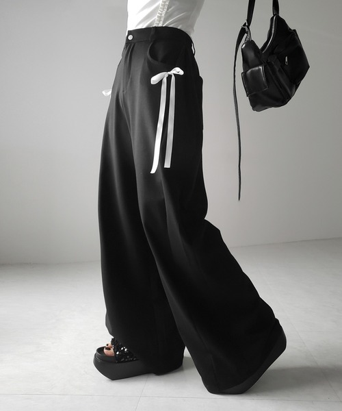 ※※【 取り外し可能な３WAY 】ダブルリボンワイドスウェットパンツ ／ double ribbon wide sweat pants（スウェットパンツ）｜me+em select（ミームセレクト）