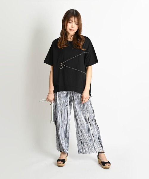 MARAI（マーライ）の「マーブル柄 セルフカット プリーツワイドパンツ（その他パンツ・レディース・グリーン/ピンク/イエロー/ブラック/ブルー・FREE）」の7枚目の写真