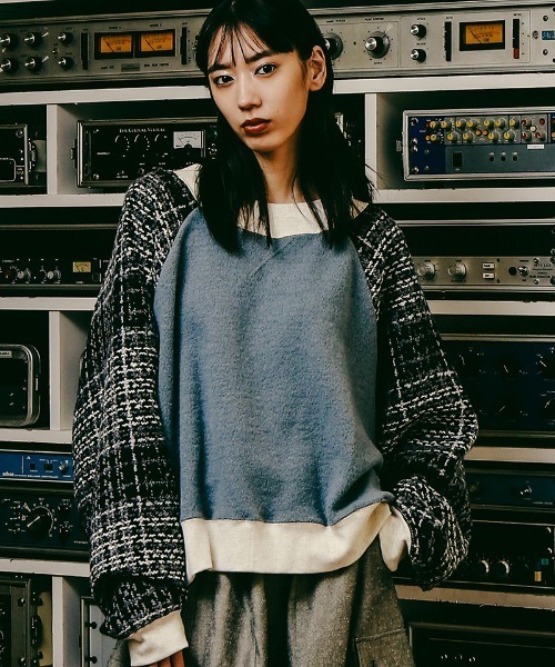 EFFECTEN（エフェクテン）の「msw1548-Tweed Check Switching Brushed Sweat ラグランスウェット（スウェット・メンズ・グレー系その他/ブラック×グレー・FREE）」の2枚目の写真