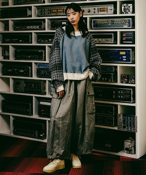 EFFECTEN（エフェクテン）の「msw1548-Tweed Check Switching Brushed Sweat ラグランスウェット（スウェット・メンズ・グレー系その他/ブラック×グレー・FREE）」の4枚目の写真