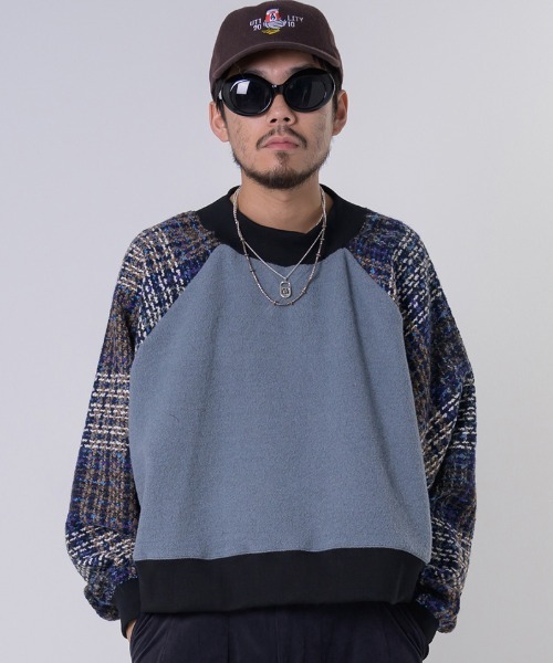 EFFECTEN（エフェクテン）の「msw1548-Tweed Check Switching Brushed Sweat ラグランスウェット（スウェット・メンズ・グレー系その他/ブラック×グレー・FREE）」の5枚目の写真