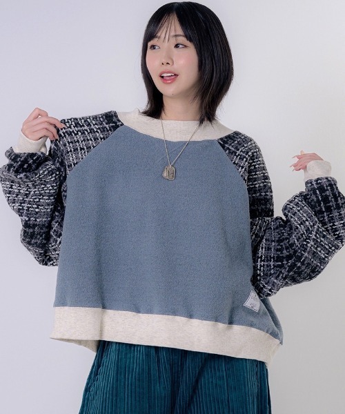 EFFECTEN（エフェクテン）の「msw1548-Tweed Check Switching Brushed Sweat ラグランスウェット（スウェット・メンズ・グレー系その他/ブラック×グレー・FREE）」の11枚目の写真