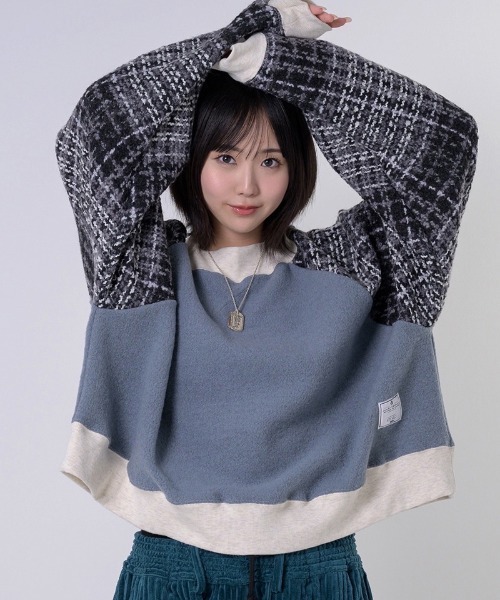EFFECTEN（エフェクテン）の「msw1548-Tweed Check Switching Brushed Sweat ラグランスウェット（スウェット・メンズ・グレー系その他/ブラック×グレー・FREE）」の12枚目の写真
