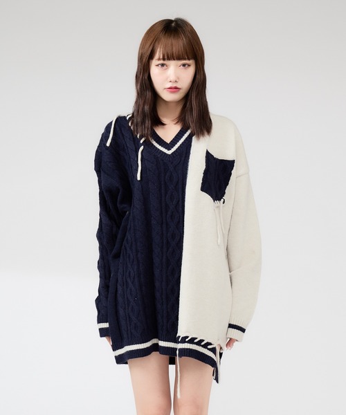 ニット セーター Bicolor stich School Knit / バイカラースクールセーター レディース メンズ セール】Bicolor stich School Knit / バイカラースクール