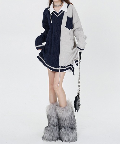 ニット セーター Bicolor stich School Knit / バイカラースクールセーター レディース メンズ セール】Bicolor stich School Knit / バイカラースクール
