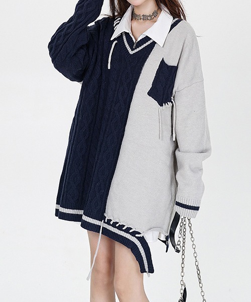 ニット セーター Bicolor stich School Knit / バイカラースクールセーター レディース メンズ セール】Bicolor stich School Knit / バイカラースクール
