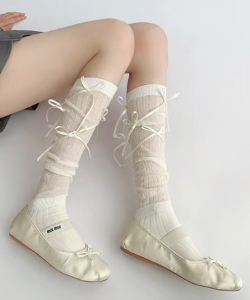 CALIFORNIA OUTFITTERS(カリフォルニア アウトフィッターズ)の「3-8E22 ガーリーリボン シアーハイソックス(ソックス/靴下・レディース・ブラック/ホワイト×ブラック/グレー/グレー系/ベージュ・ONESIZE)」の10枚目の写真