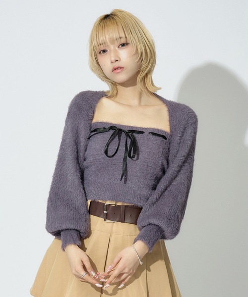 JilLA（ジルア）の「Ribbon Knit Camisole Set / ショート丈リボンニット&ニットキャミソール 2点セット アンサンブル（ニット/セーター・レディース・ピンク/グレー/ブラック・FREE）」の5枚目の写真