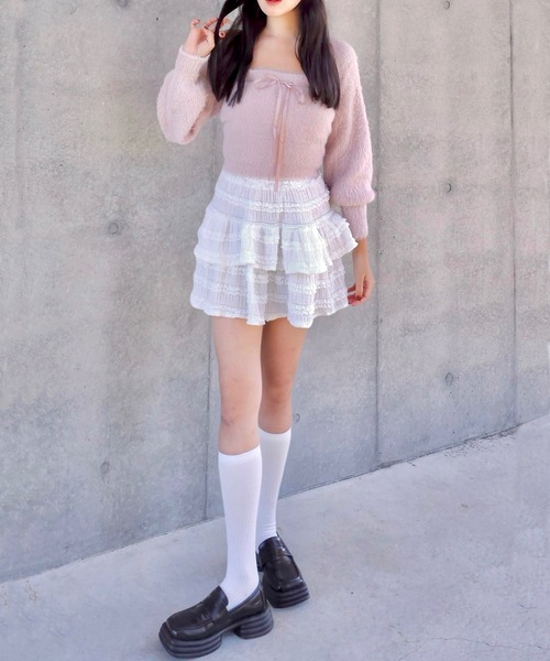 JilLA（ジルア）の「Ribbon Knit Camisole Set / ショート丈リボンニット&ニットキャミソール 2点セット アンサンブル（ニット/セーター・レディース・ピンク/グレー/ブラック・FREE）」の7枚目の写真