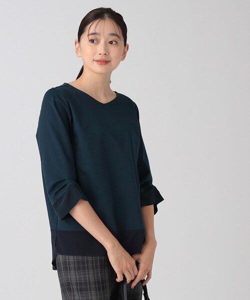 【セール】【洗える／日本製／七分袖】パンツスタイルに！一枚できまる異素材使いのプルオーバージャージ（Tシャツ/カットソー）｜COUP DE CHANCE（クードシャンス）