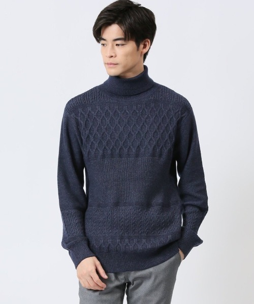 【セール】m.f.エディトリアル メンズ ストレッチ ウォッシャブル ふわもち パネルボーダー タートルネックニット（ニット/セーター）｜m.f.editorial（エムエフエディトリアル） 5,313円